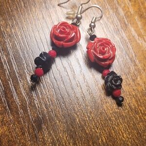Elegant Red and Black Rose Earrings